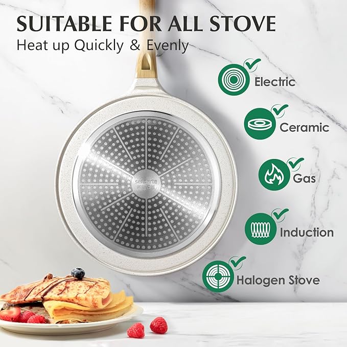 SENSARTE Nonstick Crepe Pan with Spreader, 12-Inch Natural Ceramic Coating Dosa Pan Pancake Flat Skillet Tawa Griddle with Stay-Cool Handle, Induction Compatible (White)