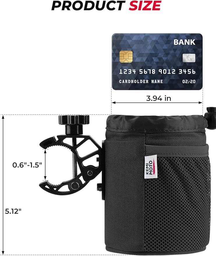 KEMIMOTO Motorcycle Cup Holder, Oxford Fabric Motorcycle Drink Holder with 0.6"-1.5" Alligator Clamp, Universal Water Bottle Cup Accessories for Bike, ATV/UTV, Scooter, Boat, Walker