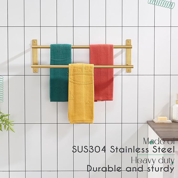 KOKOSIRI 24 Inch Bathroom Towel Racks Double Towel Bar Bath Towel Holder Towel Hanger Towel Shelf Wall Mount Stainless Steel Brushed Gold B5010BG-L24