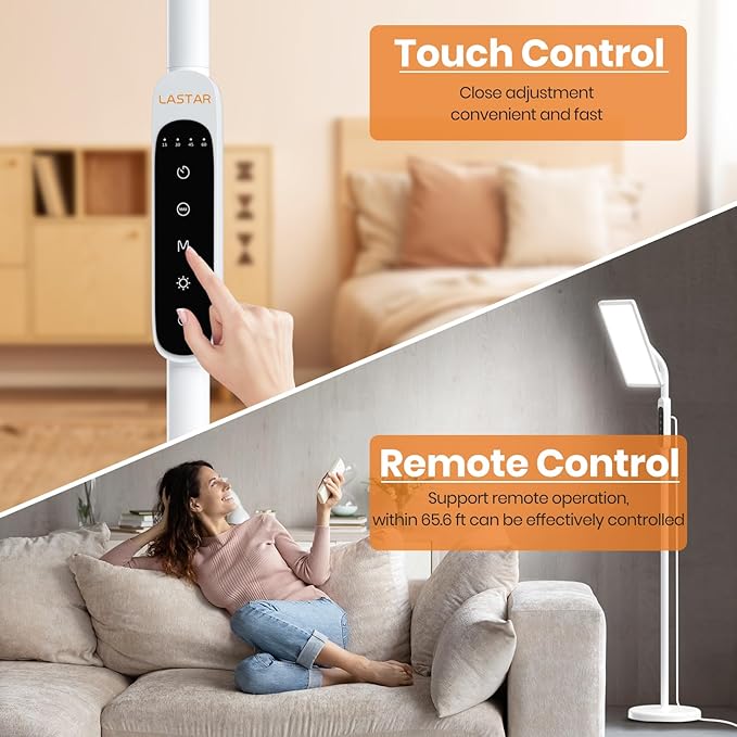 LASTAR Light Therapy Lamp for Living Room, 12000LUX Full Spectrum, Remote Control/4 Color Temperature/5 Brightness/4 Timer/3 Height Standing Sunlight Floor Lamp