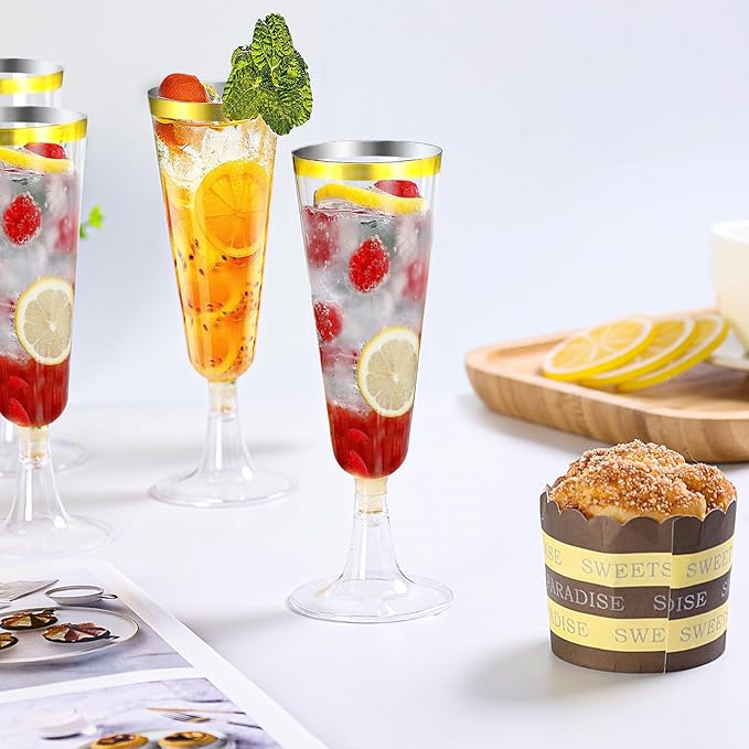 SUREHOME Champagne Flutes Plastic Champagne Glasses Disposable 100 Pack Gold Rim Mimosa Glasses Acrylic Wedding Toasting Cocktail Cups for Graduation Easter Birthday Party Supplies 2026 Decorations