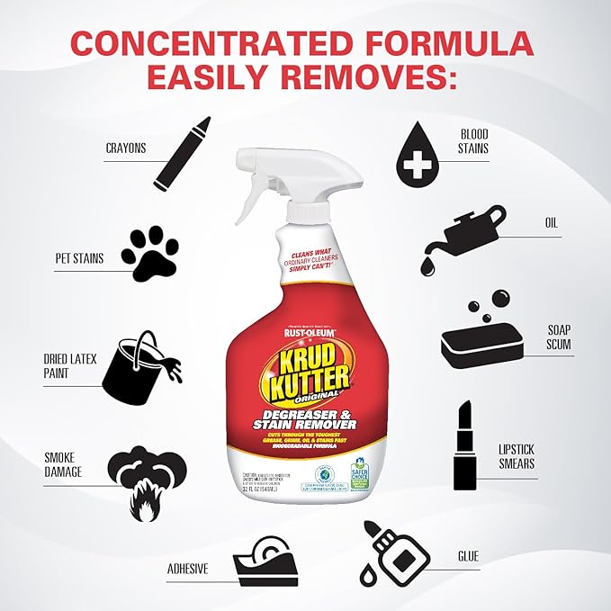 Krud Kutter Original Cleaner Degreaser Spray, 32 oz, Heavy Duty Multi Surface Cleaner for Grease, Oil and Tough Stains, Ready to Use for Kitchen, Garage, Floors and Outdoor Surfaces