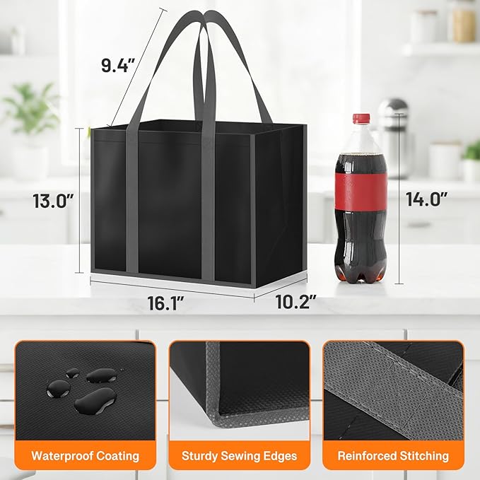 WISELIFE Reusable Grocery Bags with Handles - 10 Pack, 35L Large Shopping Bags for Groceries, Water-Resistant & Foldable Grocery Totes for Lasting Use for Kitchen, Market, Car Trunk, Picnic (Black)
