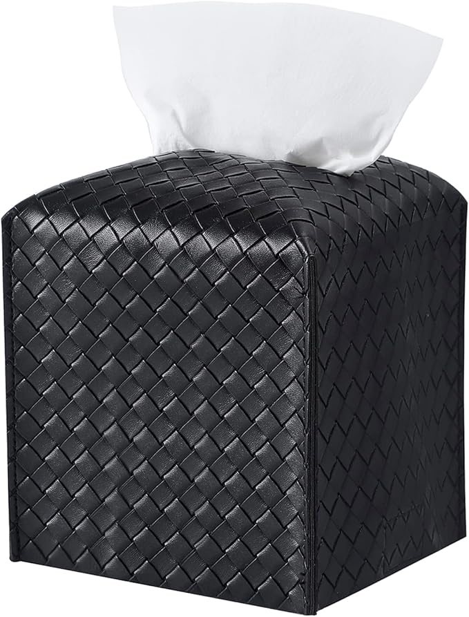 Tissue Box Cover PU Leather Tissue Holder Square Facial Tissue Case Facial Paper Organizer Dispenser for Bathroom, Vanity Countertop, Tabletop, Car, Black