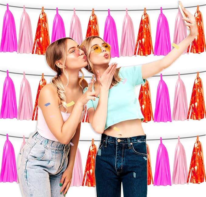 3P Hot Pink Orange LightPink Metallic Fringe Banner Garland Foil Tinsel Streamer Backdrop Banners for Parties, Wall Hanging Curtain Parade Floats, Graduation Decorations, Wedding Party Decoration
