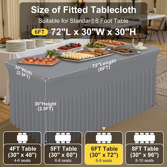 Smiry Spandex Tablecloth, Elastic Fitted Stretch Tablecloth for 6FT Rectangle Tables, Waterproof Washable Table Cover Skirt for Outdoor, Wedding, Banquet & Parties (Grey, 72Lx30Wx30H Inch)