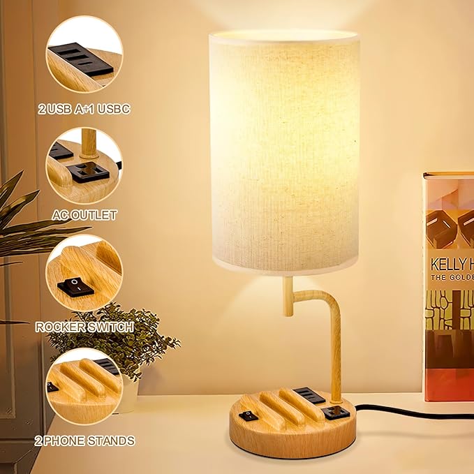 Dreamholder Table Lamp with 3 USB Charging Ports, Modern Desk Lamp with AC Outlet and Phone Stands, Perfect Bedside Lamp for Bedroom, Living Room, Office (Pack of 2)