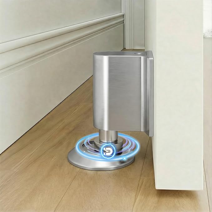 Magnetic Door Stoppers, Magnet Door Stop - Stainless Steel Door Catch, Retractable Bottom of Door Holder Suits Gaps Within 1.4" Keep Door Open, No Drill 3M Adhesive & Screws - Silver 1Pack