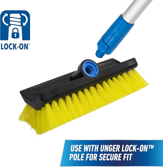 Unger Professional HydroPower Lock-On 10” Bi-Level Scrub Brush, Cleaning Supplies, Scrubber Tool, Compatible with Waterflow Poles, Use in Garage, Driveway, Deck, Concrete, Cement, and Brick