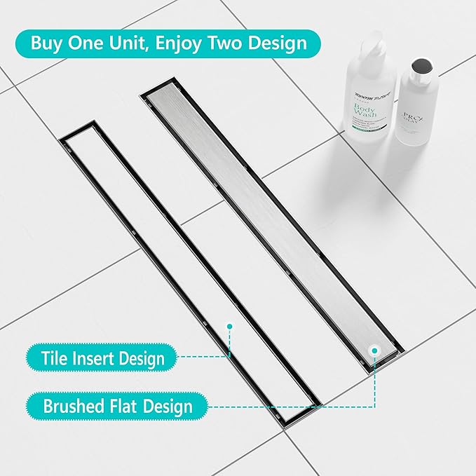 Neodrain 24-Inch Linear Shower Drain - with 2-in-1 Flat & Tile Insert Cover, Brushed 304 Stainless Steel Rectangle Shower Floor Drain, Floor Shower Drain