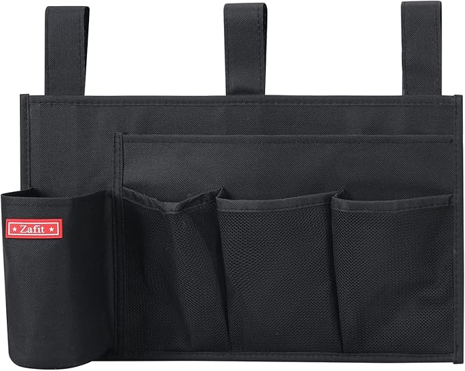 Hanging Bedside Caddy, Bedside Storage Organizer for Magazine, Phone, Remote control (5 Pockets-Black)