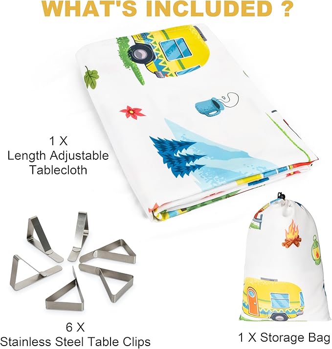 Extra Thick Camping Tablecloth with Clips & Storage Bag, Picnic Tablecloth, Fits 4ft to 8ft Picnic Tables, Polyester, Washable, Spill & Stain Resistant, Water Repellent - Cute Campers