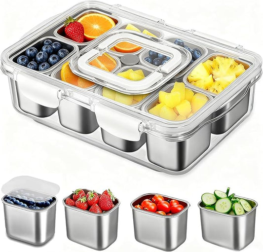 Snackle Box Container, Stainless Steel Divided Serving Tray with Lid and Handle, Large Snack Tray for Fruit Veggie Candy, 8-Compartment Snack Platter for Travel Party Beach Picnic