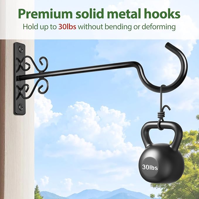 BOLITE Plant Hangers, 12 Inch Hanging Plant Brackets Outdoor or Indoor, Wall Hooks for Hanging Hummingbird Feeders, Bird Feeders, Planters, Lanterns, Wind Chimes, 2 Pack, Black, Gifts for Women Men