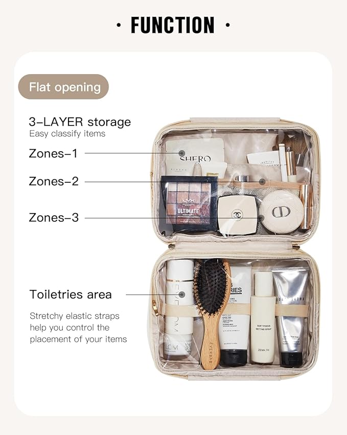 EACHY Travel Toiletry Bag with Hanging Hook, Portable Makeup Cosmetic Bags for Women, Water-Resistant Full-Size Travel Accessories (Plait White)