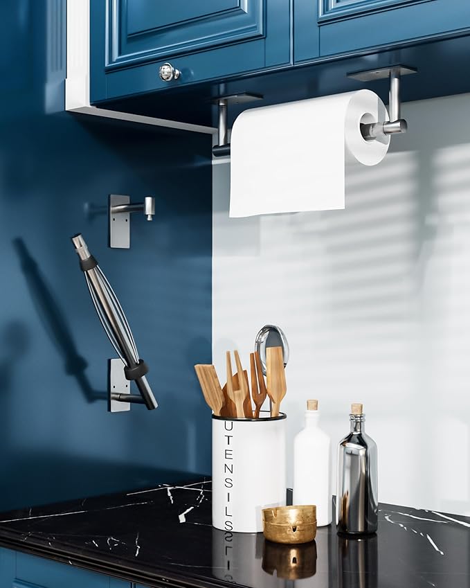 BATHDANCE Paper Towel Holder Under Cabinet, Single Hand Operable Easy Tear Wall Mount with Damping Effect, Self-Adhesive or Drilled for Kitchen Bathroom (Silver)