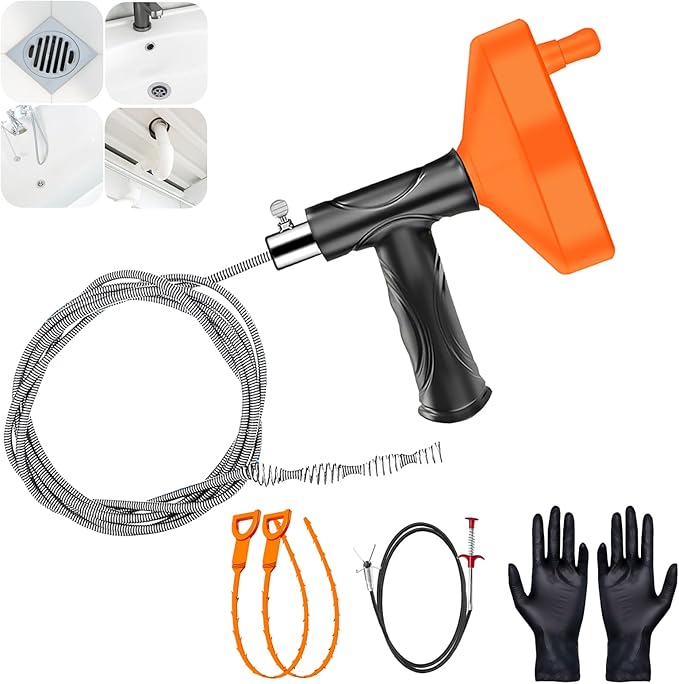 33 Feet Drain Snake Auger, Plumbing Snake Drain Hair Clog Removal Tool, Heavy Duty Toilet Snake Auger, Sink Unclogger Drain Cleaner Tool for Bathroom Kitchen Tub Shower with Gloves