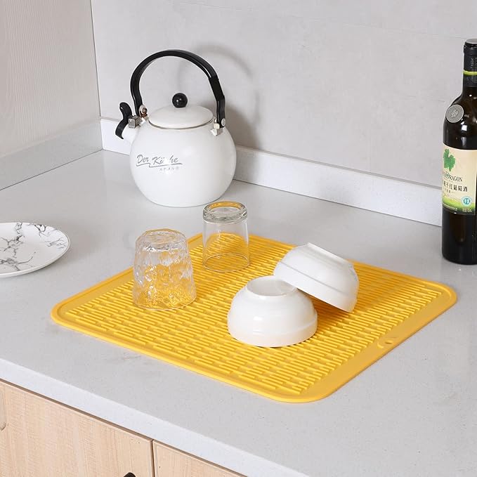 MicoYang Silicone Dish Drying Mat for Multiple Usage,Easy clean,Eco-friendly,Heat-resistant Silicone Mat for Kitchen Counter or Sink,Refrigerator or Drawer Liner Yellow XL 18 inches x 16 inches