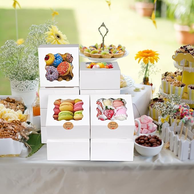 WINKIO 12 Pieces Cookie Boxes with Window, 6×6×3 Inches Treat Boxes for Bakery Dessert Pastry Mini Cake Favor Donut Baked Goods (White, with Stickers)