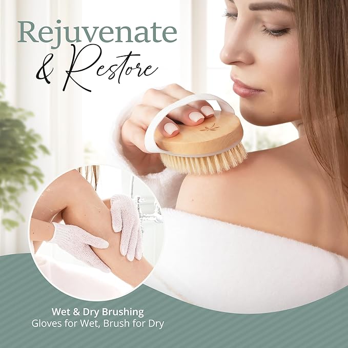 Belula Dry Brushing Body Brush Set - Natural Boar Bristle Body Brush, Exfoliating Face Brush & Bath Gloves - Ideal Dry Skin Brush for Lymphatic Drainage & Healthy Glowing Skin!