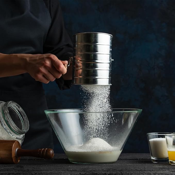 Flour Sifter for Baking, Stainless Steel 3 Cup Flour Sifter with Rotary Hand Crank, Fine Mesh and Agitator Flour Duster, Esvopa