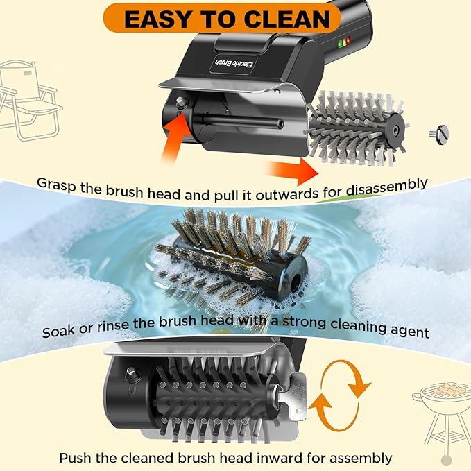 Electric Grill Brush with Dual Safety Lock - Ideal Gift for Men Dad Husband, Professional BBQ Cleaner with Submersible 304 SS Head, Splash-Proof Scrubber for Outdoor Grill (Orange Button)