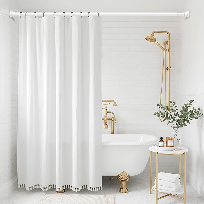 Shower Curtain Rod 31-63 Inch,0.87"Diameter Adjustable Spring Tension Curtain Rods No Drill,Ivory White Shower Tension Rod for Bathroom,Room Divider,Window,Anti-Rust Non-Slip 2-Pack