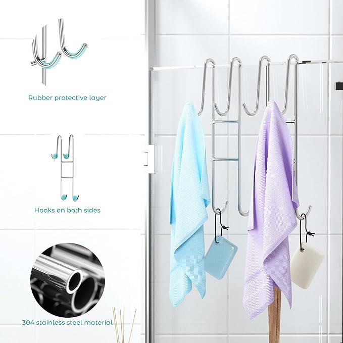 Cerbonny Shower Door Hooks (14 Inch), 2 Pack Super Extended Towel Hooks for Bathroom, Over Door Hooks, Shower Hooks for Frameless Glass Door, Silver