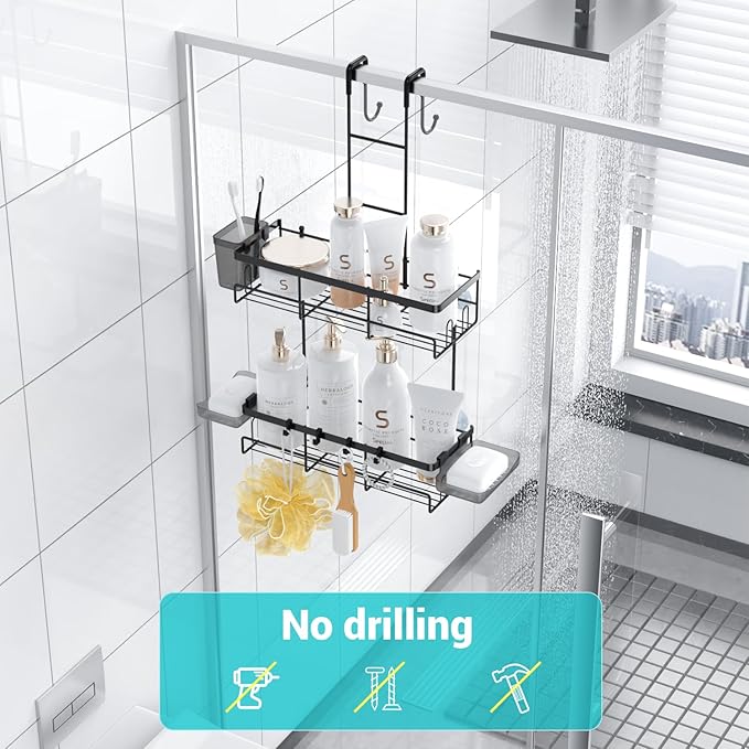Over the Door Shower Caddy Hanging: Black Rustproof Shower Organizer over the Door - No Drilling Bathroom Rack for Inside