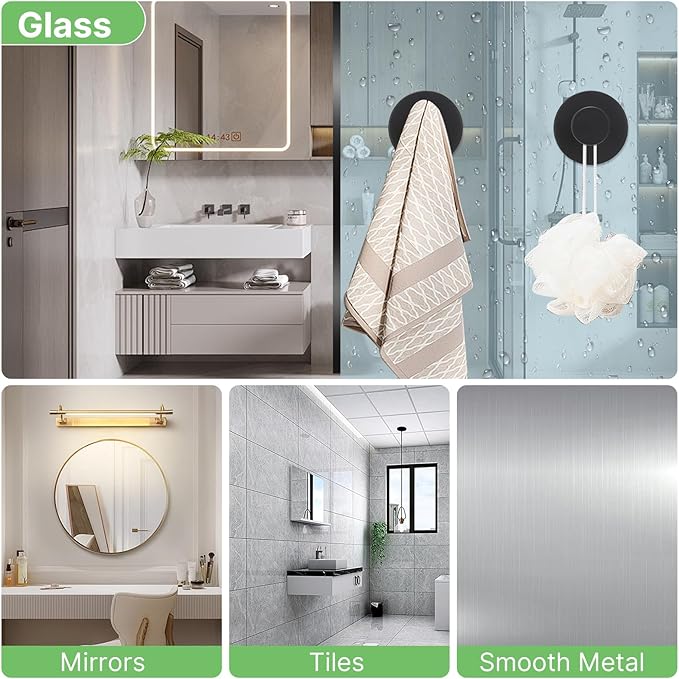 Black Waterproof Suction Cup Hooks, 4-Pack Heavy Duty Stainless Steel No Drill Shower Hooks for Hanging Towels, Robes, Loofahs, Holder Holds Strong on Tile, Glass, Mirror, Wall, Bathroom Door
