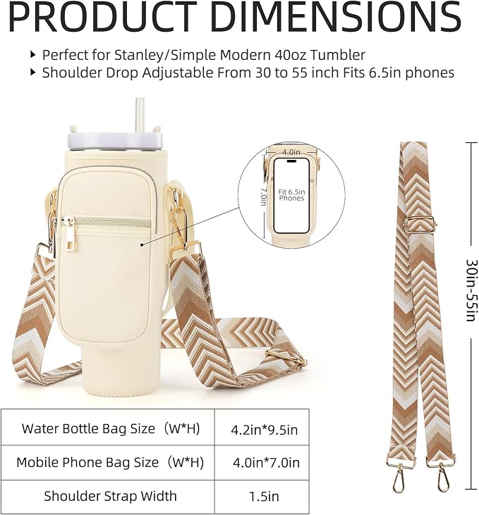 GOEWY Water Bottle Carrier Bag for Stanley 40/30 oz Tumbler with Phone Pocket Neoprene Water Bottle Holder with Shoulder & Handheld Strap Stanley Cup Accessories