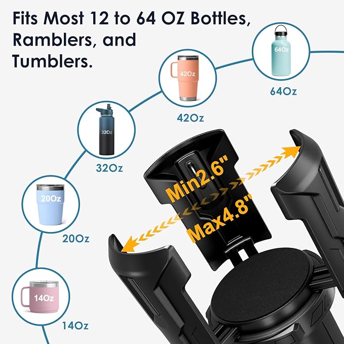 Cup Holder Expander, Car Cup Holder Expander, Adjustable Cupholder for 2.6"- 4.8" Yeti, Hydro Flask, Nalgene, Takeya, Camelbak, Ramblers, Owala, Tumblers, Mugs, Bottles, with Sunglass Holder