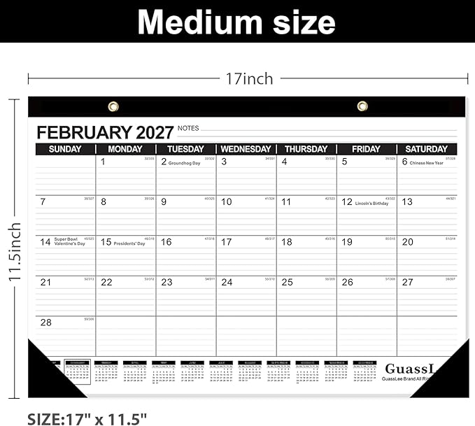 GuassLee Desk Calendar 2026-2027 - 19 Months Academic Calendar 17" × 11.5" Desktop Calendar from Jun. 2026 to Dec. 2027 with Julian Date for Home School Office Desk Top Organizing