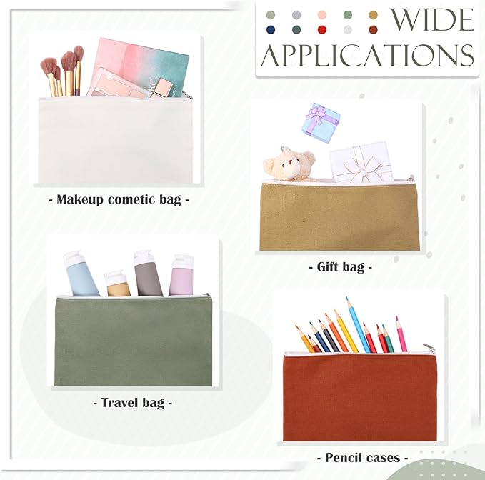 Reginary 10 Pcs Valentine's Canvas Makeup Bags Bulk for Women, Travel Toiletry Cosmetics Bags, Blank DIY Pencil Pouch, Gift for Valentine's Day, St. Patrick's Day, Wedding, Bridal Shower, Coworker (Morandi Color)