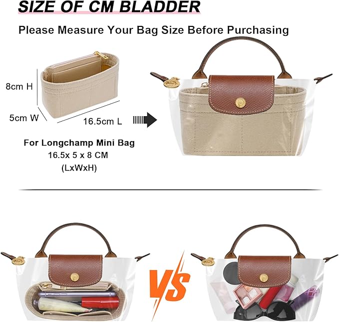 Felt Purse Organizer Insert for Longchamp Mini bag Wihte Zipper Insert (Zipper Beige, Mini)