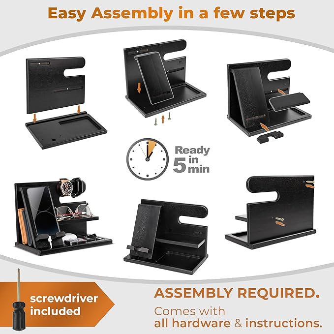 TESLYAR Wood Phone Docking Station for Men - Desktop or Nightstand Organizer - Birthday Gifts for Men, Dad - Anniversary Idea from Wife - Key Holder, Stand Wallet, Watch & Essentials (Deep Black)
