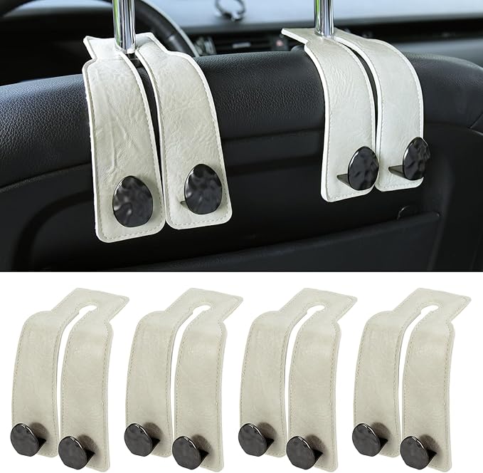 URIZZD 4 PCS Leather Car Seat Hooks for Headrest, Vehicle Hanger Storage Organizer Universal for Handbag Purse, Car Accessories Gift (White-Black-4 PCS)