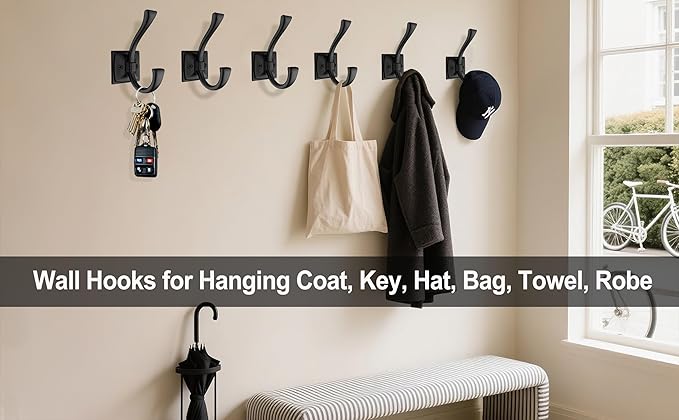 TOFIIGREM 2 Pack Antique Black Coat Robe Hooks for Wall Hanging Hat, Key, Bag, Robe, Towel, Mudroom Hook Entrance Bathroom Door Decorative Heavy Duty Hats Hanger