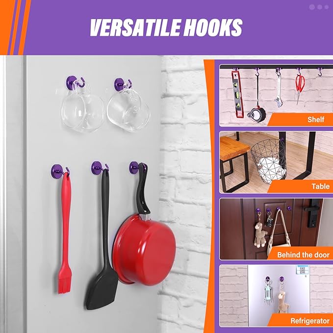 Neosmuk Magnetic Hooks, Heavy Duty 130lb+ Strong Magnet Hook for Cruise Cabins, Cruise Ship Essentials for Hanging, Metal Wall Refrigerator Hangers (Purple, 10 Pack)