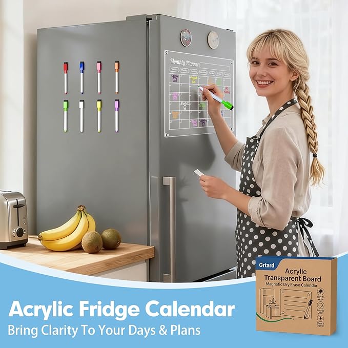 Grtard Acrylic Fridge Calendar Dry Erase Board for Fridge, Acrylic Calendar for Fridge Calendar Magnet, 16''x12'' Monthly Calendar for Fridge, Magnetic Whiteboard for Refrigerator with 8 Markers