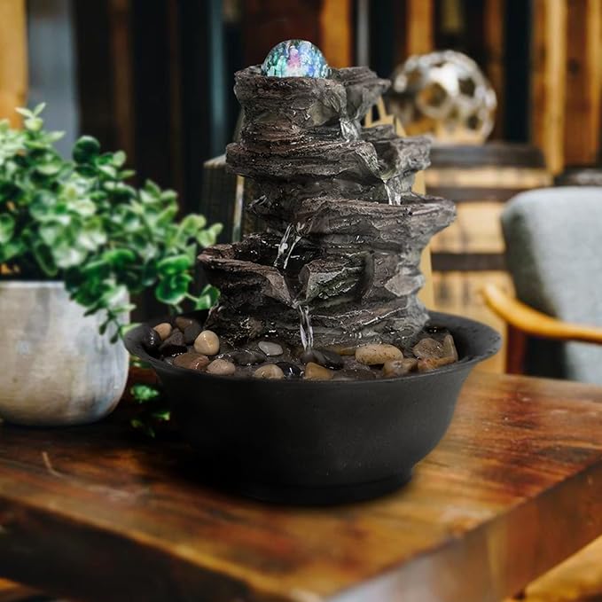 Ferrisland Tabletop Rock - Stacked Waterfall Fountain with LED - Lit Crystal Ball, Ideal for Office & Home Decor(Brown Gray)
