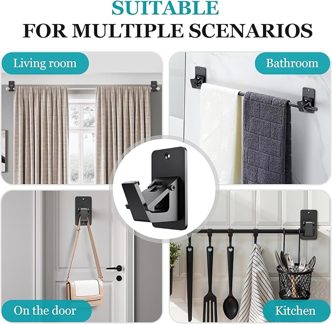 Adhesive No Drill Curtain Rod Brackets - Heavy Duty 30LB Holders for Bathroom Bedroom Kitchen, Universal Damage-Free Window Rod Hooks with Nail-Free Installation (2PC Black)