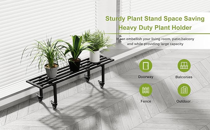 Zhongma One-Tier Metal Plant Stand with Wheels, (35.43 L x 8.66 W x 10.3 H) Heavy-Duty Plant Holder for Home, Window, Garden, Plant Lovers, Display Stand