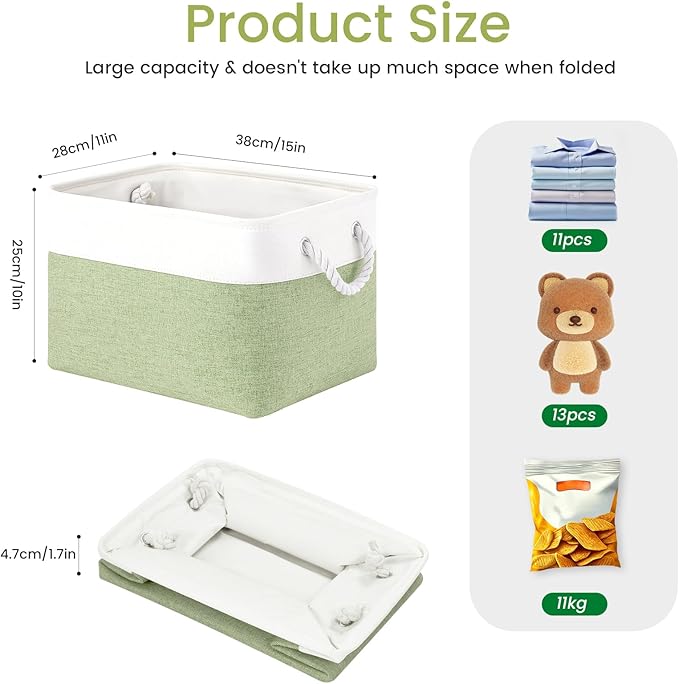 VQRTEXA Large Storage Baskets- 15x11x10 inch Storage Bins for Shelves and Closet Organizing, Foldable Fabric Bin for Home Organization Clothes and Laundry (1-Pack, White&Green)