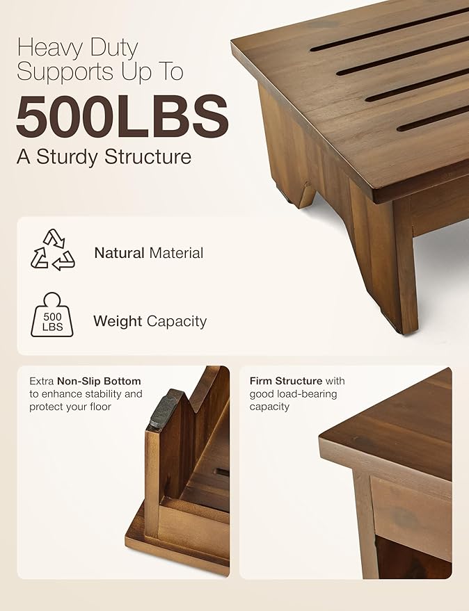 HOLANA 6.5" Wooden Step Stool for Adults (No Assembly Required) - 500 Lbs One Step Stools for High Bed Riser - Small Stepping Stool for Elderly, Seniors, Kids/Bathroom, Bed, Kitchen (Acacia Wood)
