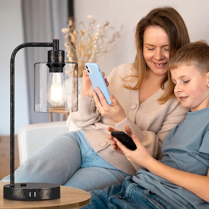 Industrial Touch Table Lamps Set of 2 - Rustic Black Bedside Lamps with 2 USB Ports & AC Outlet, 3-Way Dimmable Nightstand Desk Lamp for Bedroom Living Room Farmhouse, Glass Shade & LED Bulbs Included