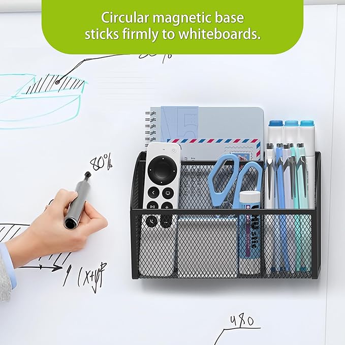 YINGHUA Magnetic Desk Organizer - 3 Compartment Metal Mesh Pen Holder for Locker, Whiteboard, Refrigerator, Office - Black Caddy