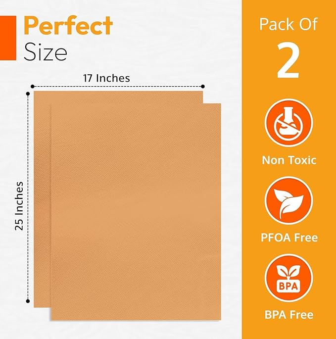 Copper 2 Pack Heavy Duty Non Stick Teflon Oven Liners Mat, Large Thick Liners for Bottom of Electric Oven Gas Stove Microwave Charcoal or Gas Grills 17"x 25" BPA and PFOA Free