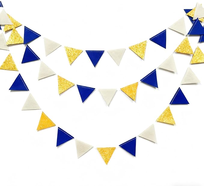 Blue Gold Beige Party Decoration Royal Gold Glitter Felt Hanging Triangle Mini Bunting Pennant Banner Flag for Birthday Wedding Graduation Baby Shower Nautical Ahoy Anchor Party Nursery Classroom Decor
