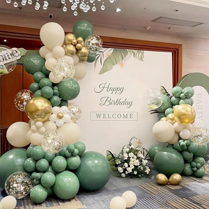 MEBAY Sage Green White Gold Balloon Arch Kit, 166Pcs Sage Green White Sand Gold Metallic and Gold Confetti Balloons Garland for Baby Shower Gender Reveal Wedding Jungle Safari Party Decoration